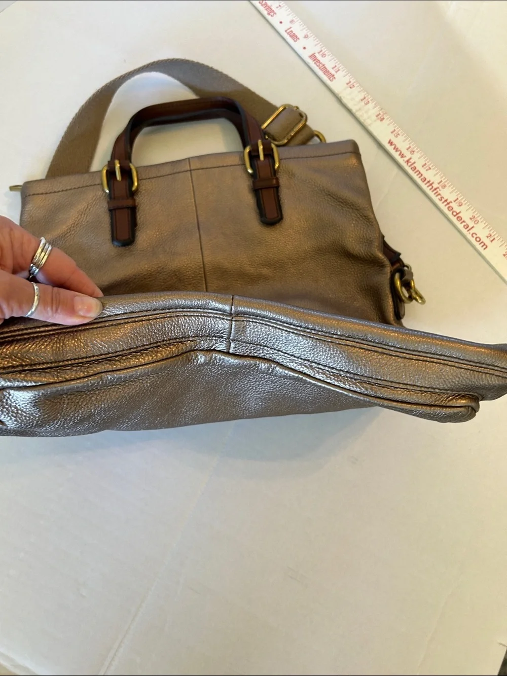 FOSSIL  LARGE  LEATHER BRONZE FOLDOVER TOTE CROSSBODY HOBO BAG